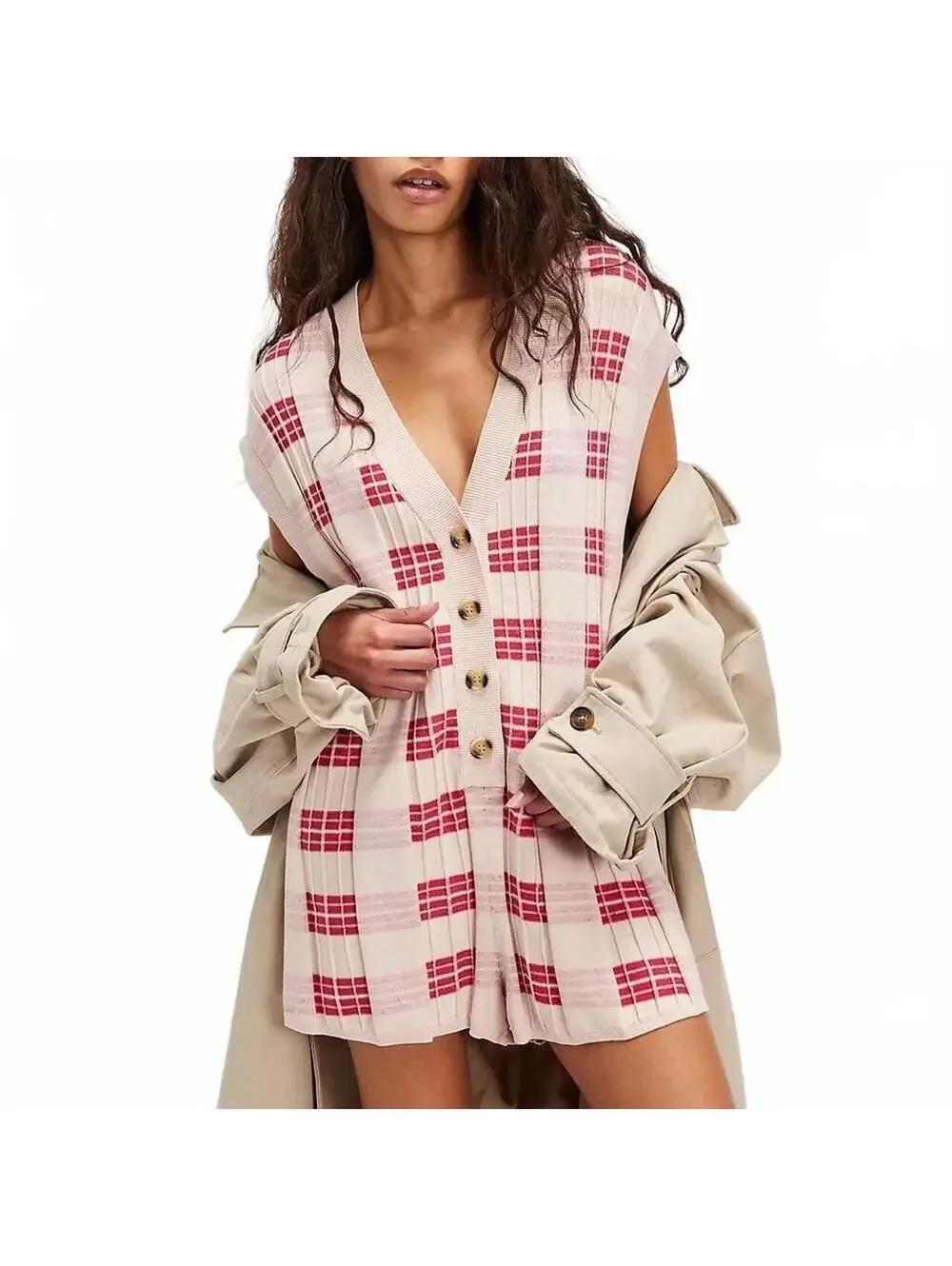 Free People Lewis Plaid Sweater Knit Romper red motif combo SIZE XS #1304